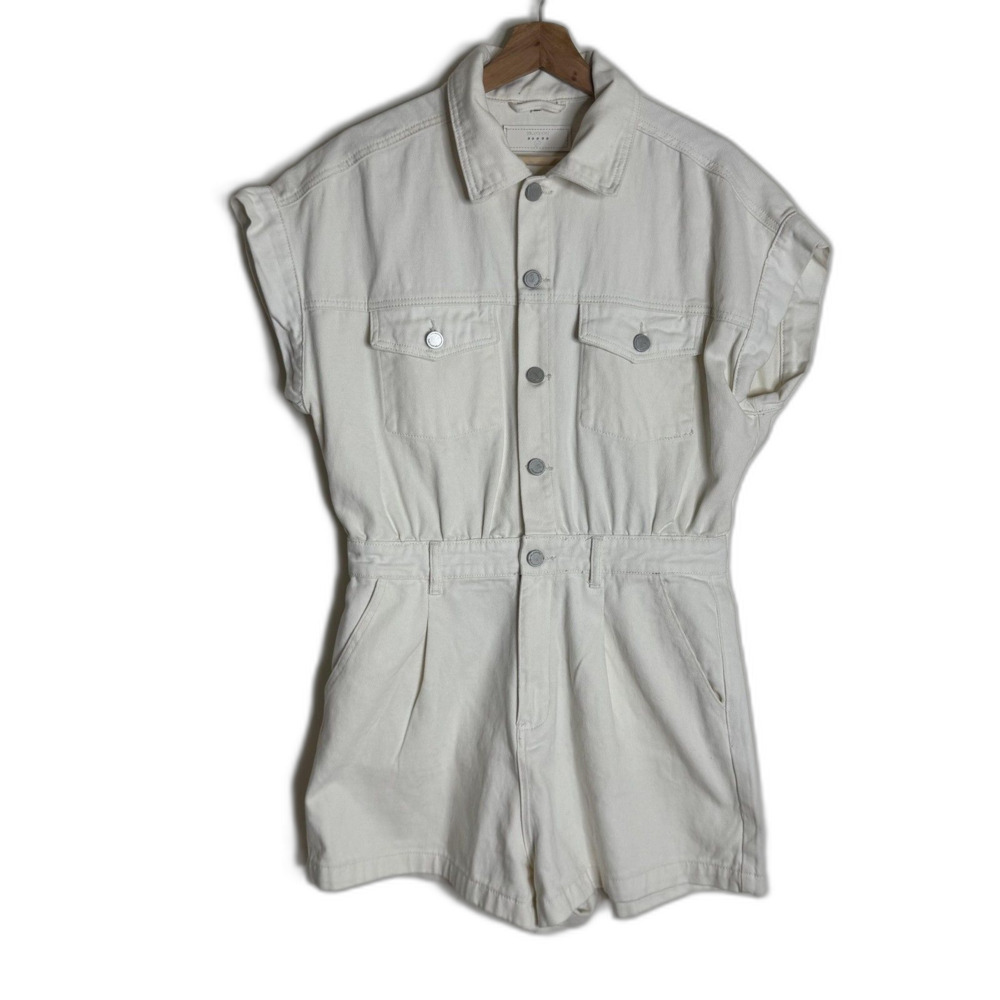 BLANKNYC Romper Womens Medium Off White Denim Short Sleeve Button Front Pockets